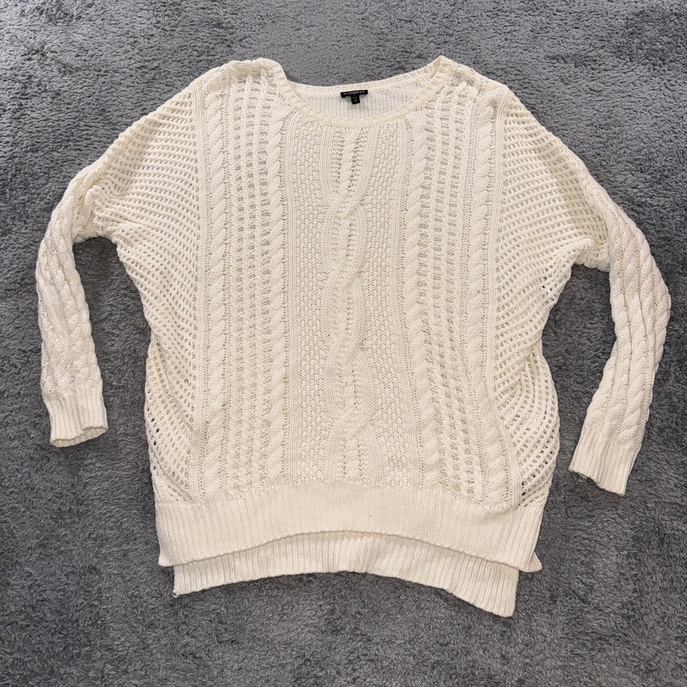 Express Womens M Cream Cable Knit Sweater Open Weave High Low Hem Oversized Top